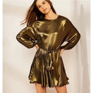 Vestido Gianni Bini Bronce Metálico Fiesta Baile Trenzado Cinturón Manga Larga Mini L - Imagen 1 de 5