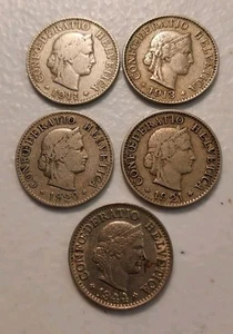 Switzerland 5 Rappen Lot of 5 Coins 1911, 1913, 1920, 1921 and 1944 - Picture 1 of 2
