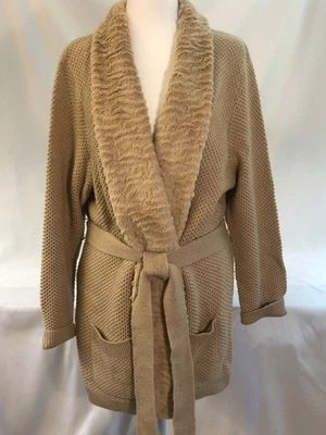 Suéter Dennis Basso Bordeado de Piel Cinturón Tostado Tejido Bolsillos Para Mujer XL Foto 1 de 4