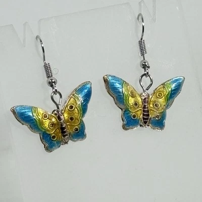 Pendientes Mariposa Esmalte Cloisonne Azul Tono Plata Gancho Amarillo 2 Caras Cuelgan Foto 1 de 4