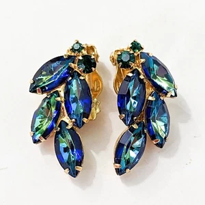 Vtg Juliana Blue Green HELIOTROPE Rhinestones Clip On Earrings Navettes - Picture 1 of 11