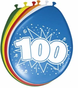 8 X NUMBER 100 LATEX BALLOONS AGE 100TH BIRTHDAY - ASSORTED COLOURS 30CM (12") - Picture 1 of 1