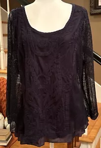 TANTRUMS Dark Blue Navy Sheer Floral Lined Lace Top Women’s XL Net Long Sleeves - Picture 1 of 16