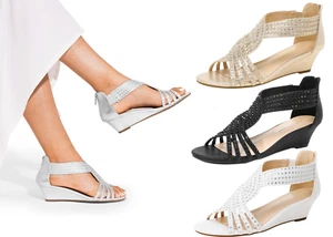 Women Rhinestone Dress Shoes Low Wedge Heel Open Toe Back Zip Wedge Sandals - Picture 1 of 33