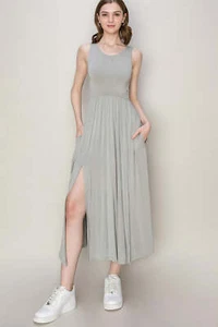 HYFVE Stretchy Rayon Knit Ruched Waist Round Neck Midi Tank Dress in Light Gray - Picture 1 of 4