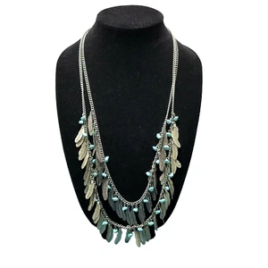 Necklace Icing Faux Turquoise and Feathers Sliver Tone 2 Strand Necklace 16" - Picture 1 of 7
