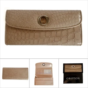 OROTON Women's Slim Clutch Wallet Raisa Patent Leather Purse Taupe Tags NIB - Picture 1 of 6