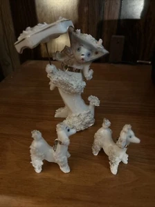 Vintage Japan Pocelain Spaghetti Trim Poodle with Parasol and Puppies Figurine - Picture 1 of 2