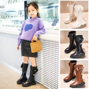 KIDS GIRLS WINTER WARM FUR BOW BOOTS OVER THE KNEE FLAT BOOTIE SCHOOL SHOES SIZE - Picture 1 of 17