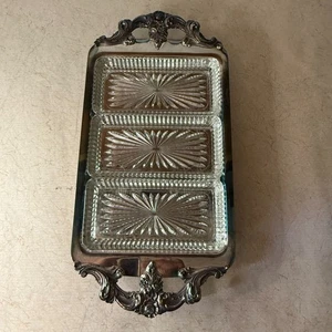Vintage elegance lunt Silver Plate & Crystal 3-Section Serving Tray Ornate Handl - Picture 1 of 15