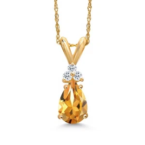 0.80 Ct Pear Shape Yellow Citrine White Topaz 14K Yellow Gold Pendant with Chain - Picture 1 of 6