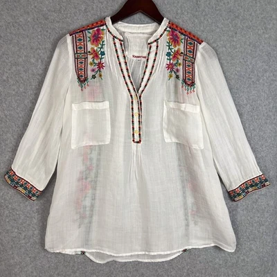 Blusa Johnny Was Blanca Floral Bordada Ramie Cuello en V Manga 3/4 Talla Pequeña Foto 1 de 4