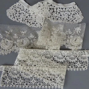 Lot 3 Antique LACE Collars + Trim 12" - 33" SCHIFFLI Net Lace w Layered Elements - Picture 1 of 11