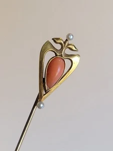 14k Gold Victorian Art Nouveau Hat Pin Salmon Coral Seed Pearl Stick Pin Antique - Picture 1 of 12