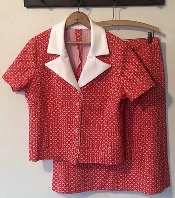 Vtg Handmade Womens L 2-pc Skirt Set Red White Retro Short Sleeve Button Up Midi - Image 1 of 4