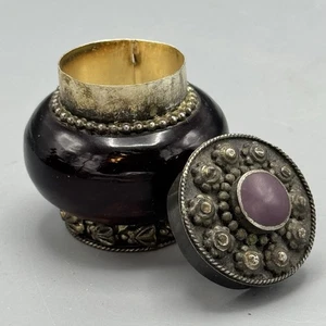 Anillo de baratija bohemio de colección con tapa redonda caja de tabaco cuentas de vidrio tono plata 2" - Imagen 1 de 9