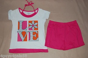 Girls Shorts Set LOVE GLITTER Flower WHITE SHIRT Pink Shorts S 6-6X Layer Look - Picture 1 of 1