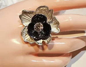 Vintage Stretch Ring Featuring Gold and Black Flower with Crystal Center - Picture 1 of 2