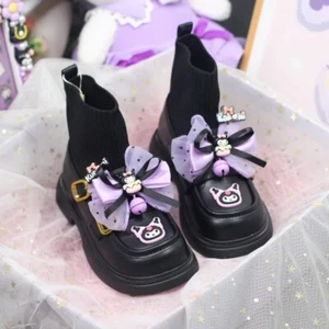 Cartoon Kuromi Girls Princess Leather Black Short Elastic Socks Boot Cos Shoes - Picture 1 of 8