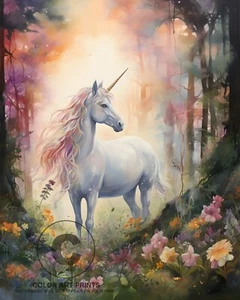 Stampa artistica unicorno bianco cavallo fantasia fiore prato nella foresta giclée 8x10 - Foto 1 di 2