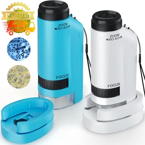 60X-180X Portable Kids Microscope w/ 12 Slides, LED Mini STEM Toy – Blue/White - Picture 1 of 12