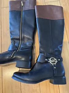 Michael Kors Fulton Harness Leather Black and Brown Knee High Riding Boots 6.5 - Picture 1 of 11