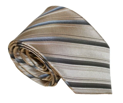 Corbata de seda para hombre Nicole Miller Designer marrón gris blanco a rayas 59L 3,5W Foto 1 de 4