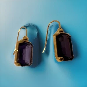 Vintage Crystal Dangle Earrings Purple Faceted Open Bezel Brushed Gold - Picture 1 of 8