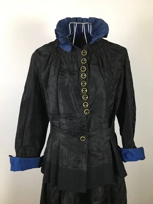 Exquisito traje antiguo eduardiano de seda negro y azul falda para caminar  Foto 1 de 4