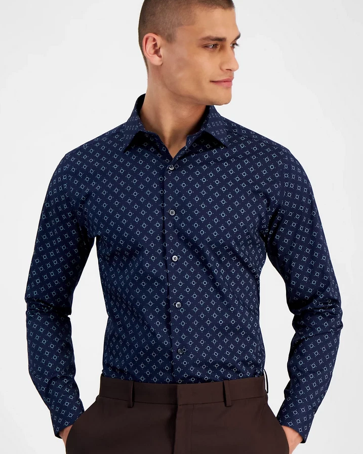 Alfani Mens Slim fit Dress Shirt Small 14-14.5 32-33 Blue Green Geometric