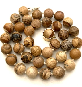 Beaded Strand Necklace 16” Vintage Hand Knotted Jasper Brown Stone Beads - Picture 1 of 20