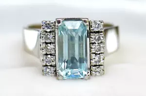 Estate Jewelry Solid 18K Gold Ring Natural Aquamarine & Diamonds Jewellery L1/2 - Picture 1 of 4