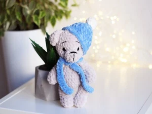 Handmade Plush Teddy Bear with Blue Hat – Soft Crochet Toy, Cuddly Gift for Kids - Picture 1 of 3