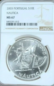 2003 PORTUGAL SILVER 10 EURO S10E NAUTICA SAILING NGC MS 67 SCARCE TOP POP 1 - Picture 1 of 4