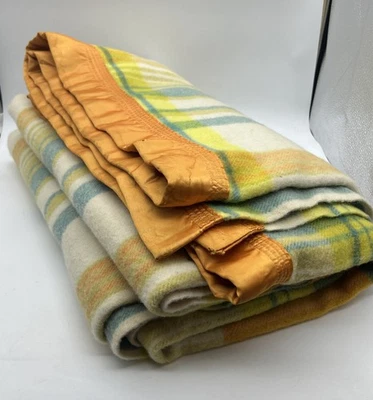 Australian Onkaparinga 100% Wool Yellow Blue Tartan blanket 238 X 183 - Image 1 of 4