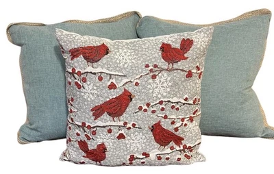 Cardinal Tapestry Sparkle  Throw Pillow Winter Snow Berries Christmas FAST SHIP - Image 1 of 4