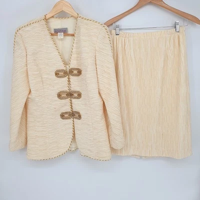 VTG 80s Samuel Scott Cream Textured Old Money Gold Buttons Skirt Suit Set Sz 12 - Image 1 of 4