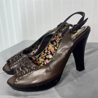 BONGO Brown Peep Toe Slingback Heels Sz 6 | Y2K Floral Lining Retro Platform - Image 1 of 4
