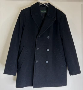 LAUREN Ralph Lauren Wool Blend Double Breasted Quilt Lined Black Peacoat Sz 38R - Picture 1 of 13