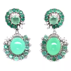 925 Silver 10 x 11 MM. Green Chrysoprase, Emerald & Cubic Zirconia Earrings - Picture 1 of 4