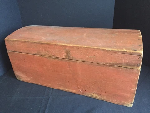 Antique Primitive Red Painted Wooden Dome Top Trunk Chest Cover