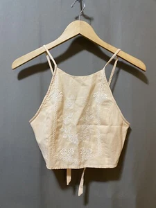 NWT ZARA Women Spaghetti Strap Embroidered Smocked Tie Back Crop Top SZ M Bisque - Picture 1 of 13
