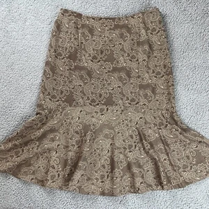 Style Co Skirt Womens 10 Brown Paisley Straight Ruffle Trim Mid Length Side Zip - Picture 1 of 11