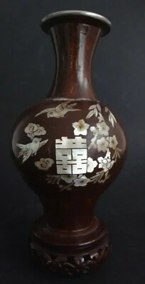 Vase incrustation nacre oiseau Chine Vietnam mother of pearl chinese happy mark - Photo 1/4
