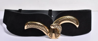 Vintage ladies Paul Harrris black suede accent belt lg brass hooks design - Image 1 of 4