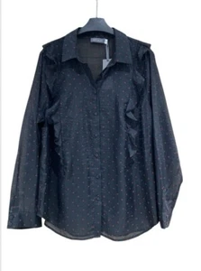 Mint Velvet Shirt Blouse Size 16 Black Flocked Hearts Frill Detail Long Sleeves - Picture 1 of 8