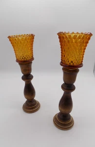 Mid Century Modern Set Of 2 Wooden Candlesticks With Amber Glass votive Holders - Picture 1 of 5