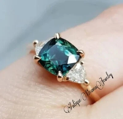 Lab-Created Ocean Teal Sapphire Ring, Cushion Cut Teal Sapphire   Gemstone Ring - Image 1 of 3