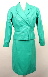VTG Women's 80s 90s Chia Turquoise Leather 2 PC Outfit / Jacket & Skirt Set - Picture 1 of 24
