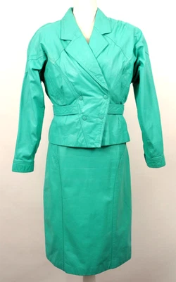 Conjunto de roupa/jaqueta e saia vintage feminino anos 80 e 90 couro turquesa chia 2 peças - Imagem 1 de 4
